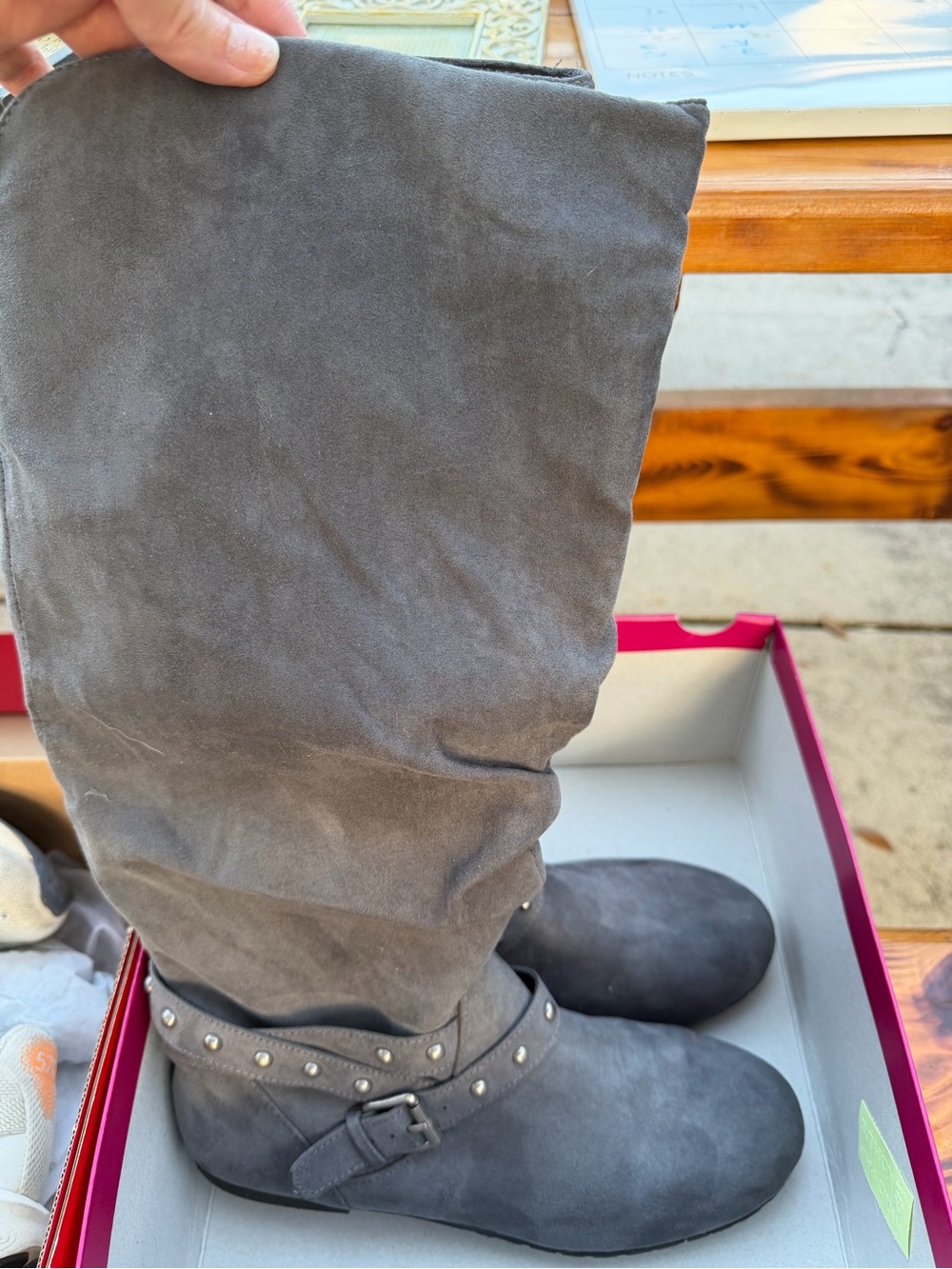 Gray Suede Over-the-Calf Studded Strap Women's Boots